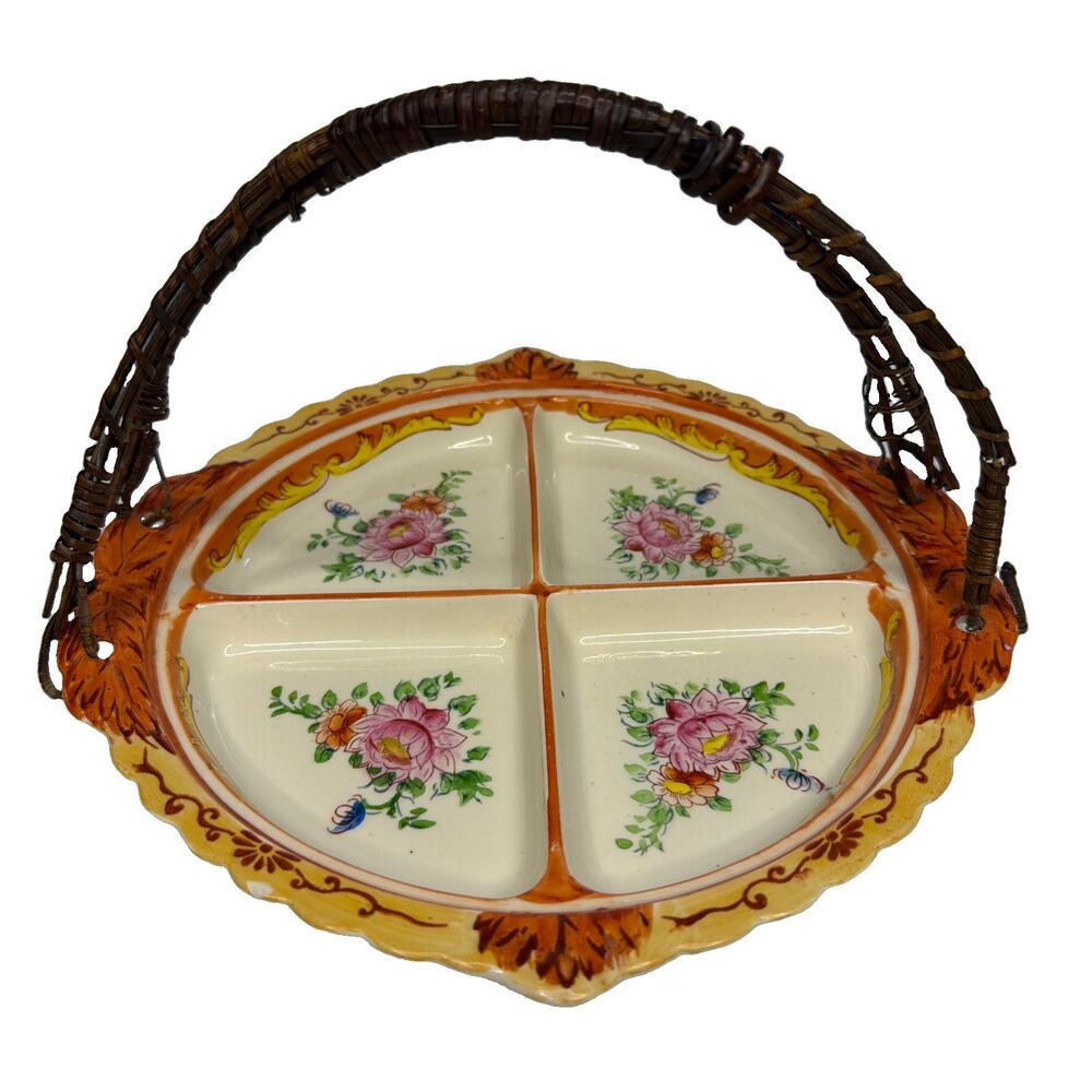 Lusterware Divided Plate Dish Wicker Handle Hand Paint Made in Japan Vintage MCM